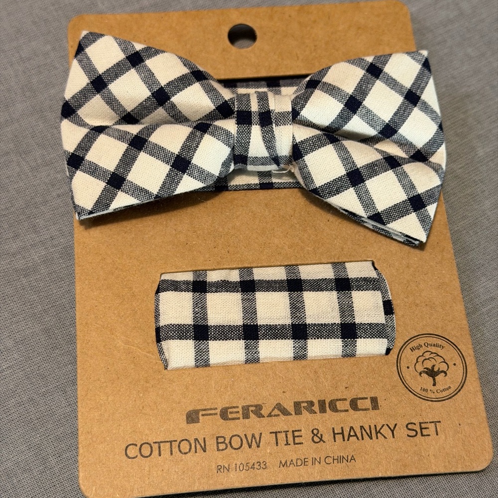Feraricci Bow Tie And Hanky Set Cotton Navy White Plaid New